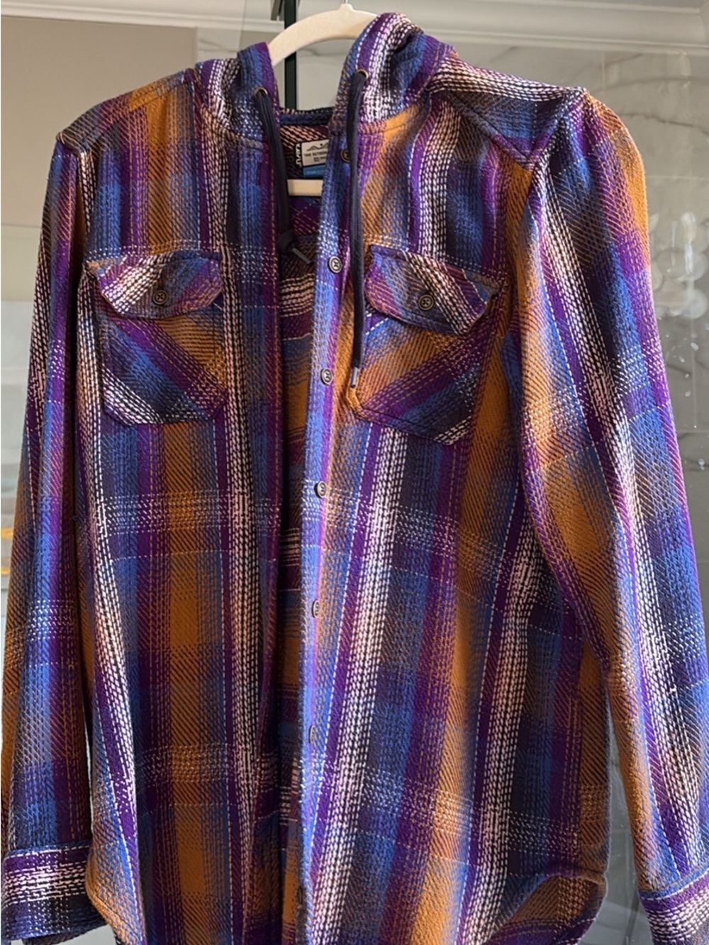 Kavu Plaid Hooded Shirt Jacket in Purple & Gold